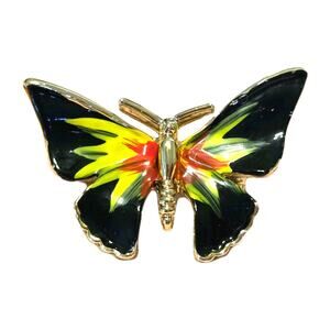 Gold Tone Enamel Butterfly Pin Brooch Vibrant Red Yellow Green Black Nature